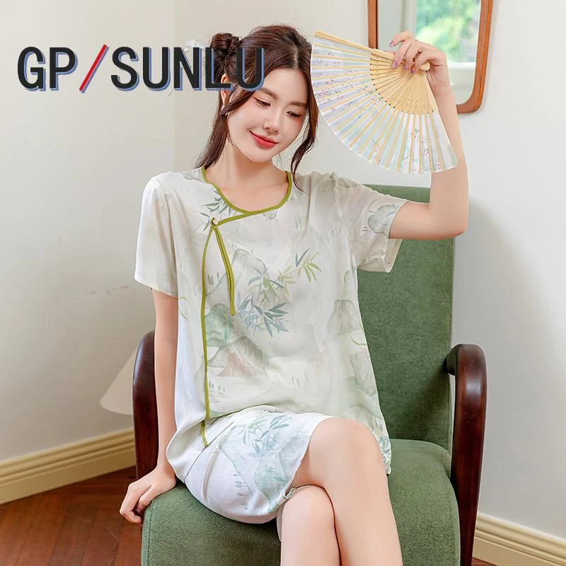 日本小众GP夏季棉绸两件套女款可外穿睡衣国风印花轻薄家居服新中