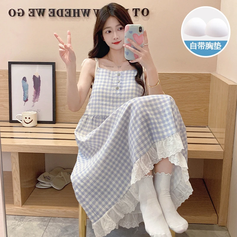 夏季甜美宽松格子睡裙女韩版吊带睡衣夏天带胸垫中长款少女家居服