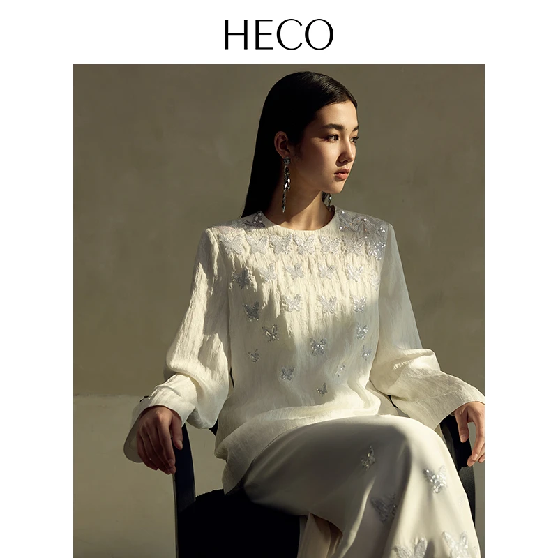 HECO【银鳞】宽松中式国风春夏季白色打底珠片绣圆领T恤长袖上衣女