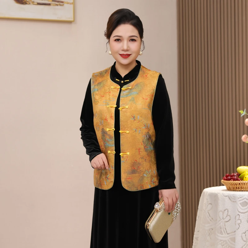 新中式国风马甲妈妈秋款时髦圆领盘扣中老年女装高档马夹复古上衣