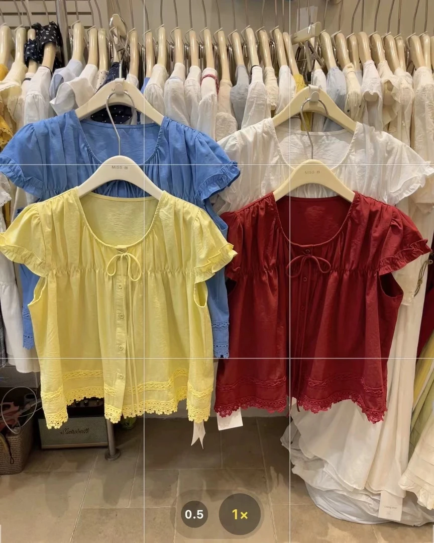 韩版甜美系绳圆领衬衫女设计感褶皱棉麻短袖