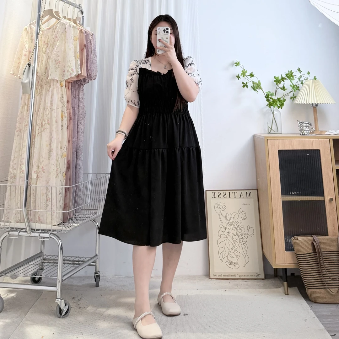 气质减龄【泡芙佳人】窄肩泡泡袖方领柔软亲肤收腰显瘦假两件长裙