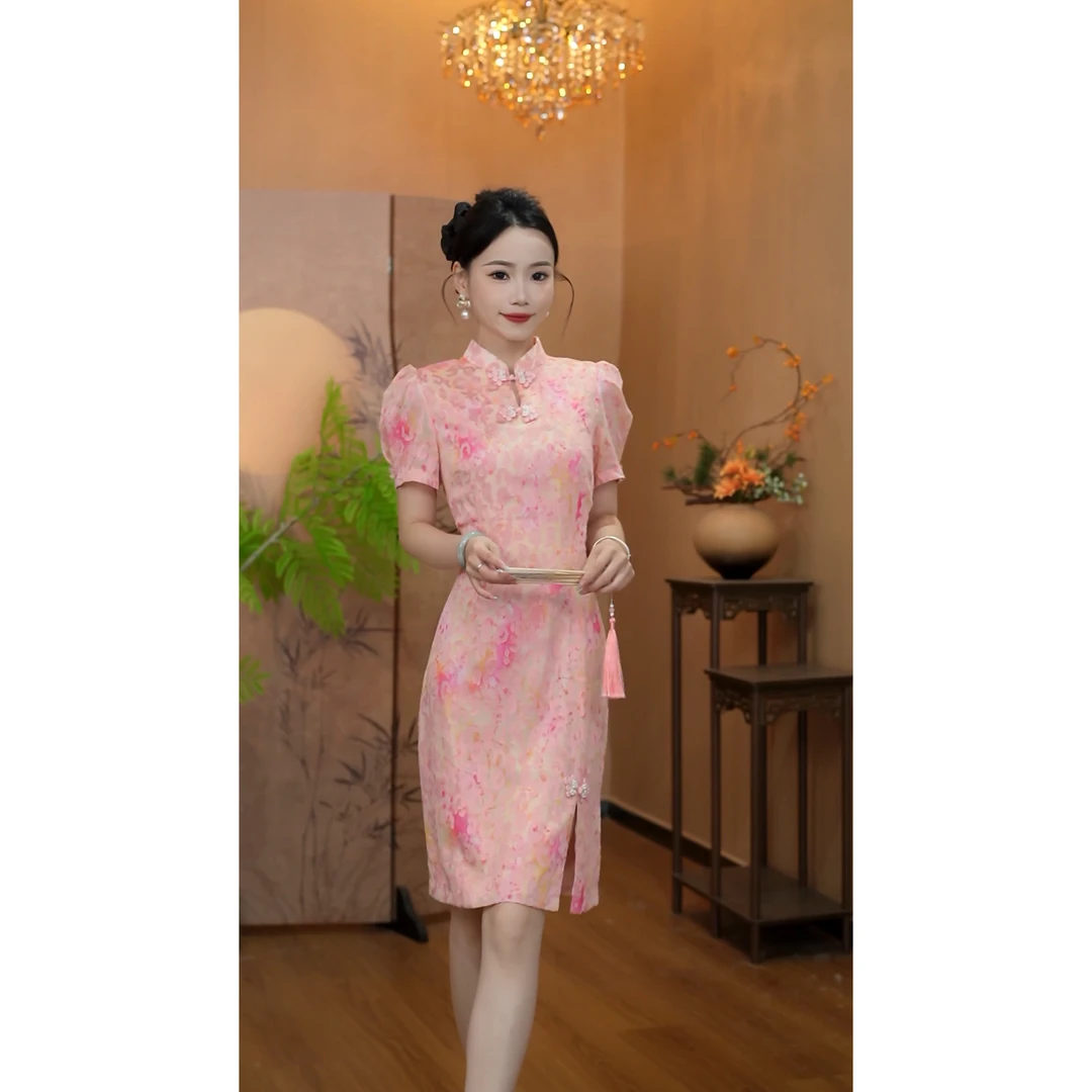 3721【粉绯】新中式改良粉色旗袍气质浪漫高级感钉珠盘扣连衣裙