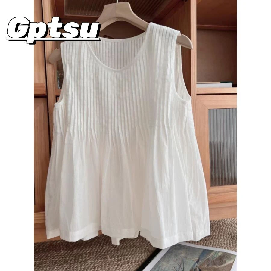 GPTSu白色苎麻无袖衬衫背心女夏季森系小众压褶圆领棉麻坎肩上衣