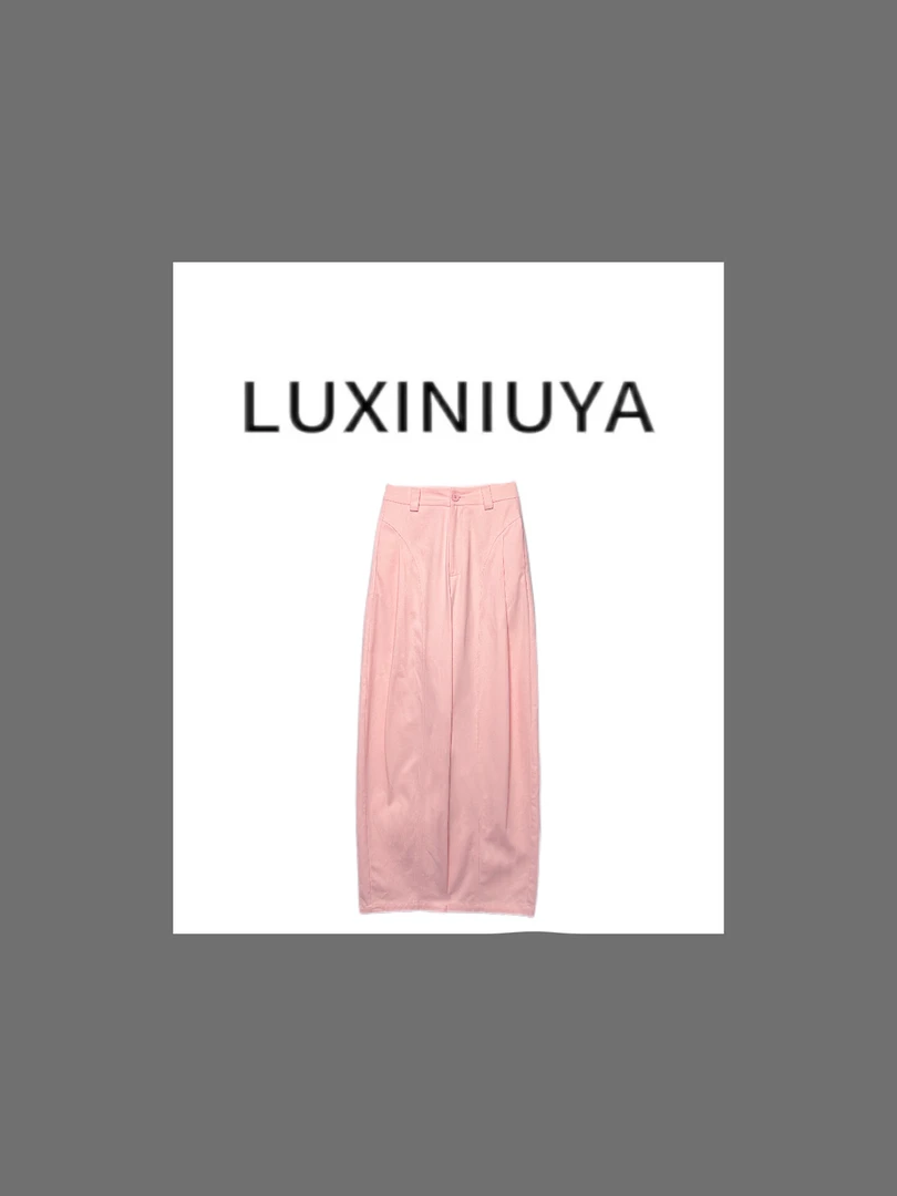 【LUXINIUYA】粉镰刀 新款潮流侧压褶显瘦设计感阔腿裤#QDK250