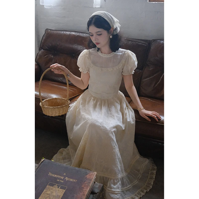 法式刺绣蕾丝泡泡袖连衣裙女夏季气质收腰长裙子67367