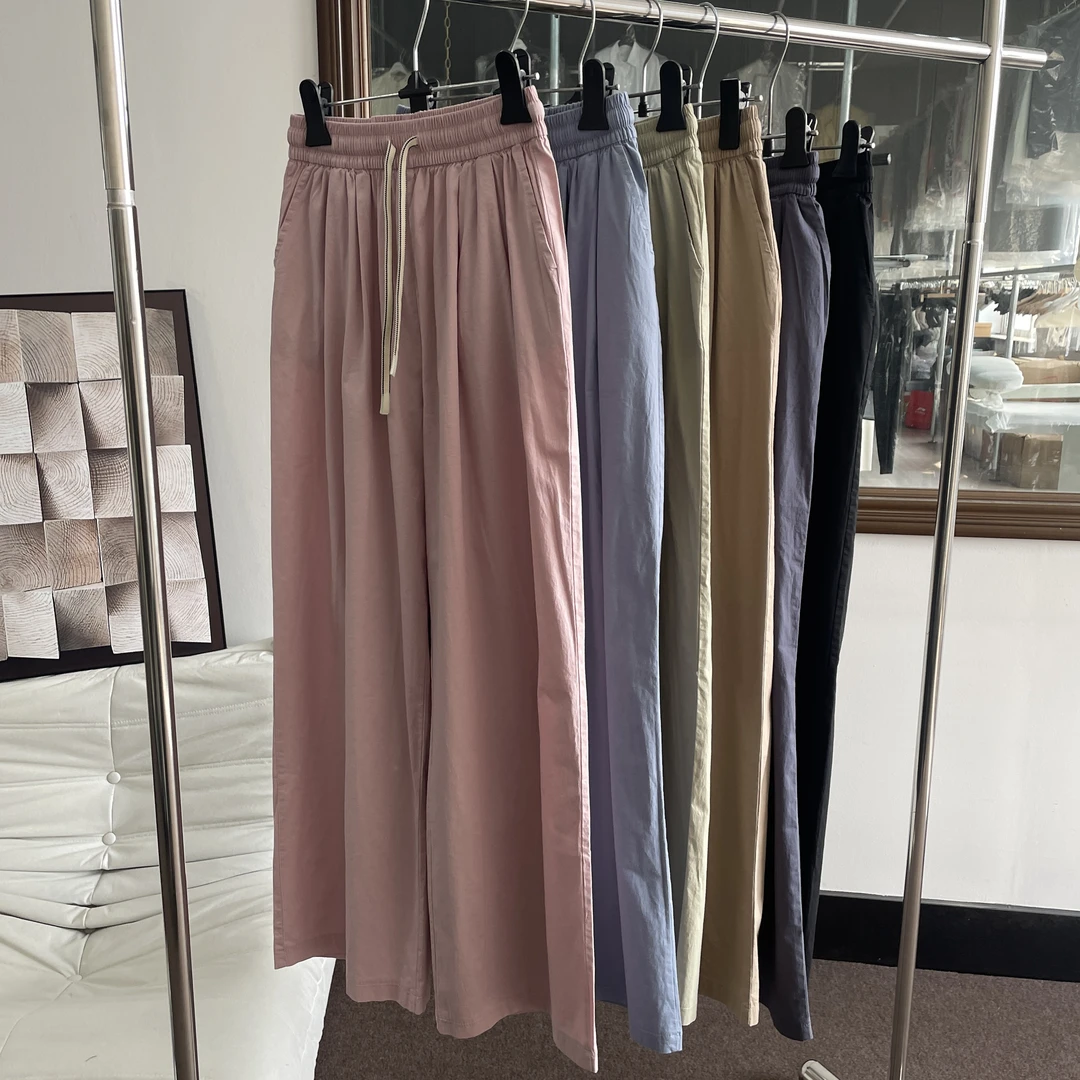 妙启时尚-25新款女款六色彩色松紧腰抽绳直筒休闲裤