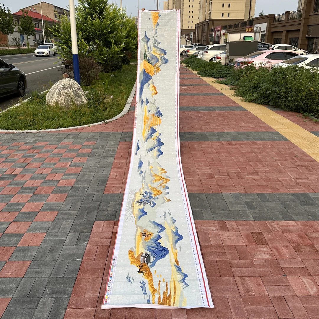 5.3米纯手工十字绣成品今晨玉露大气国画山水客厅珍藏之530×90
