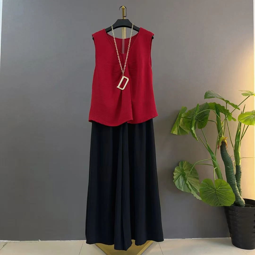 通勤时尚风无袖上衣阔腿裤遮肉大码背心宽松苹果型洋气简约