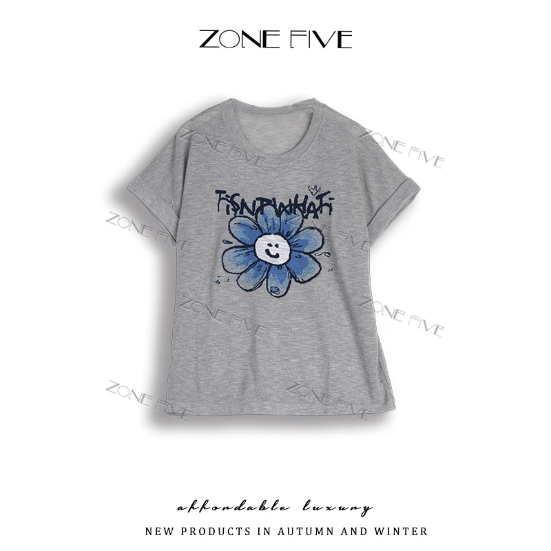 【zonefive】减龄小清新花朵T恤休闲夏季上衣百搭显瘦针织女装