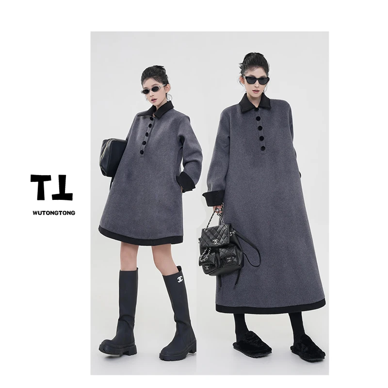 现货【梦境边缘】冬季撞色厚款长袖连衣裙女宽松韩版过膝长裙61700