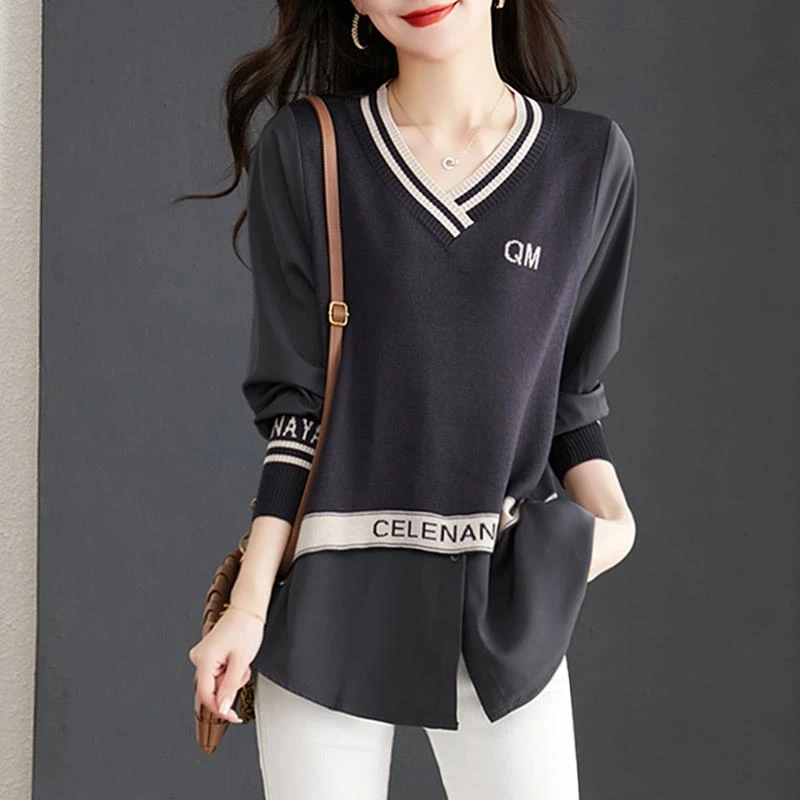 法芬图早秋洋气小衫上衣女025新款打底衫针织假两件衬衫时尚衬衣