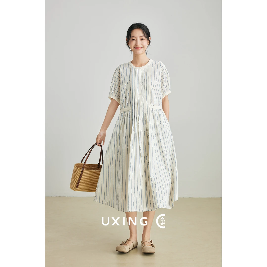 原形法式圆领泡泡袖条纹连衣裙2025夏季新款收腰质感中长裙91441