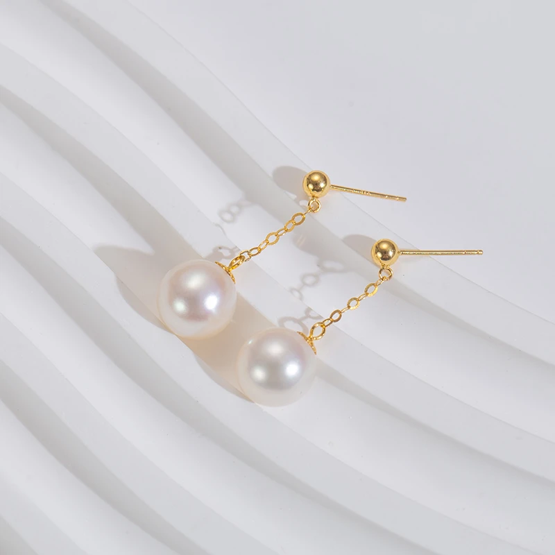 大风吹 18k金天然淡水珍珠耳钉白色时尚8-9mm LXZB017