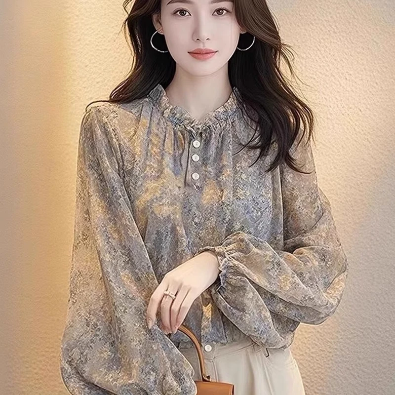 复古气质高级感小衫法式碎花灯笼袖衬衫女春夏款防晒长袖薄款上衣