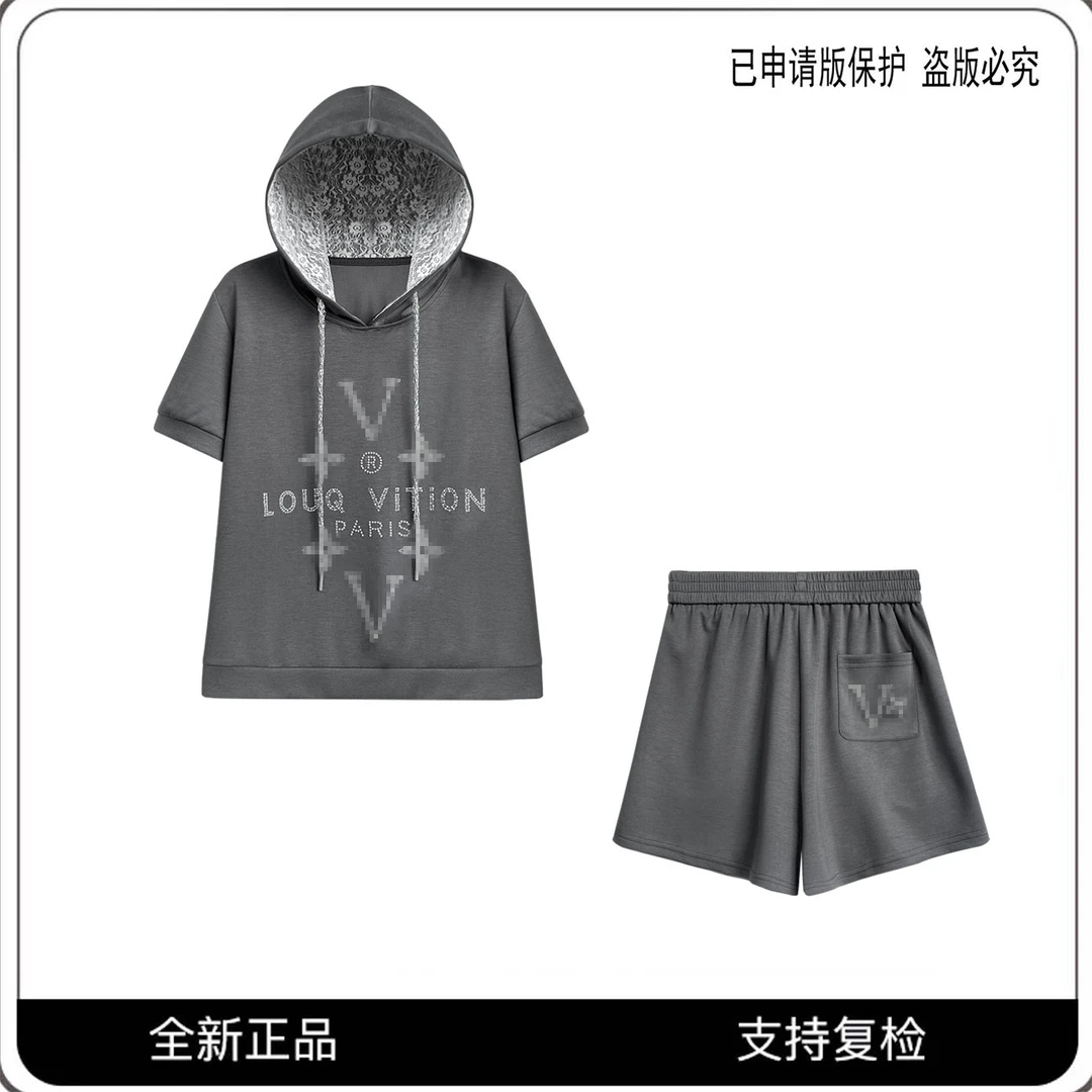 68060#CSIN时尚休闲连帽蕾丝拼接烫钻两件套2025春夏潮流轻奢套装