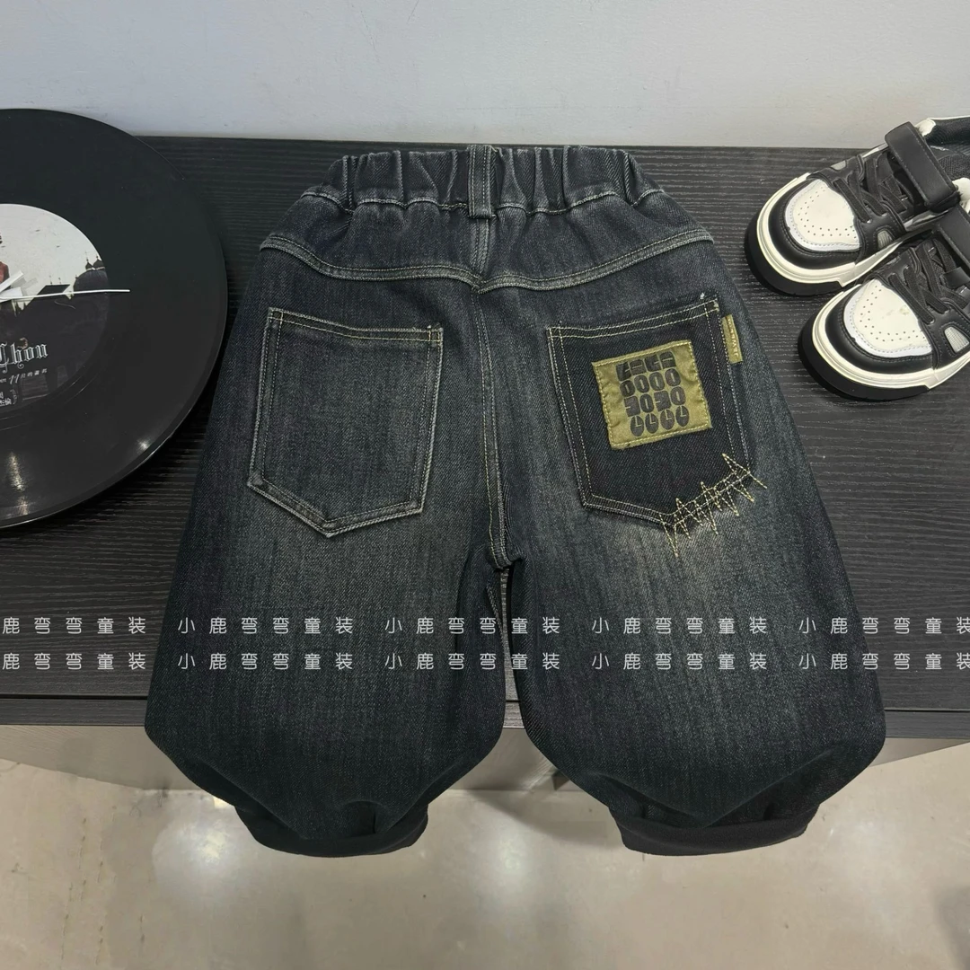 【小鹿弯弯】B002男女童2023新款加绒后袋OOOO一体绒牛仔裤