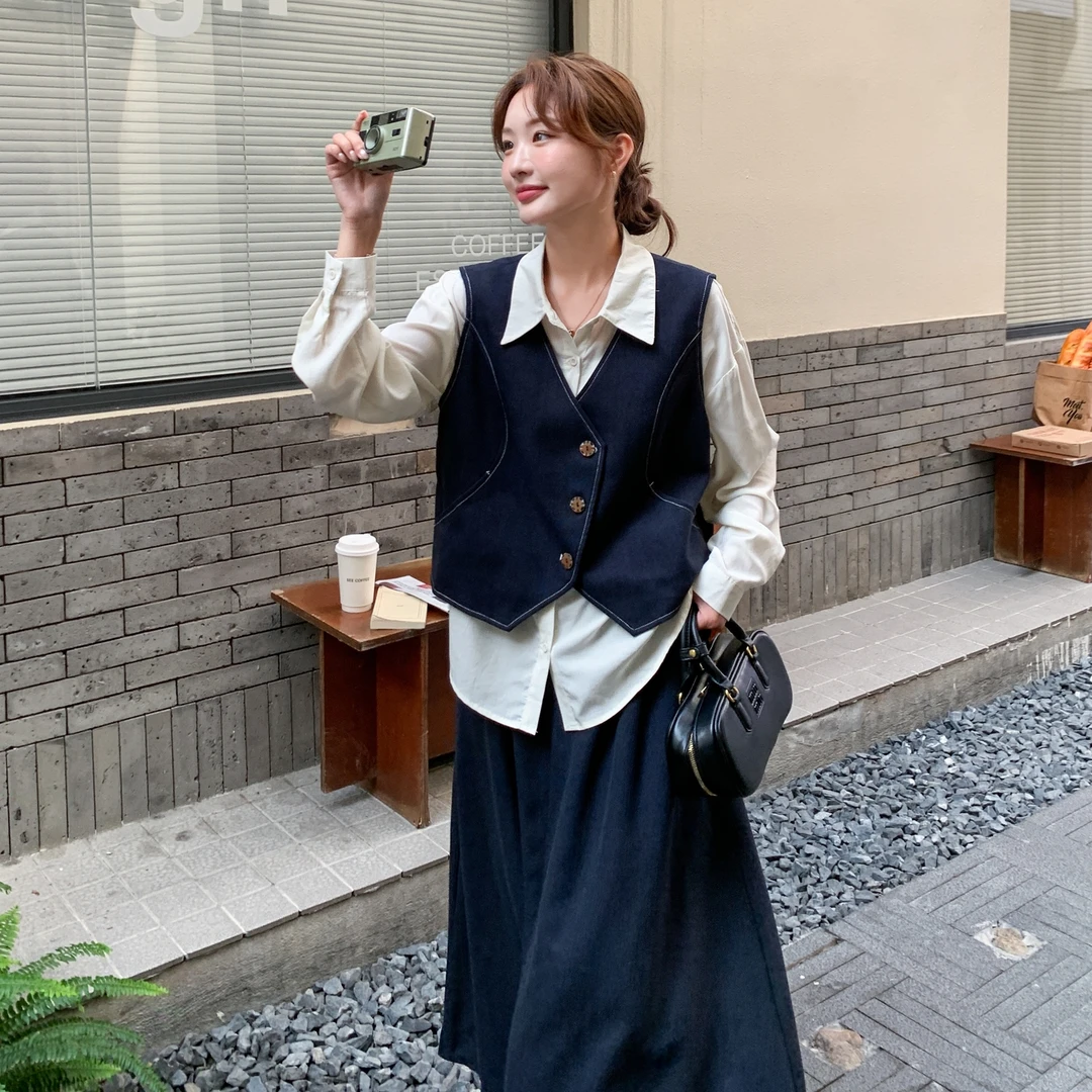文艺复古牛仔马甲半身裙三件套女2025秋季新款法式气质衬衫套装裙