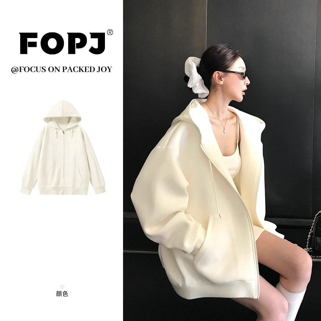 FOPJ韩系慵懒风长袖连帽开衫卫衣女春秋新款加绒加厚拉链外套上衣