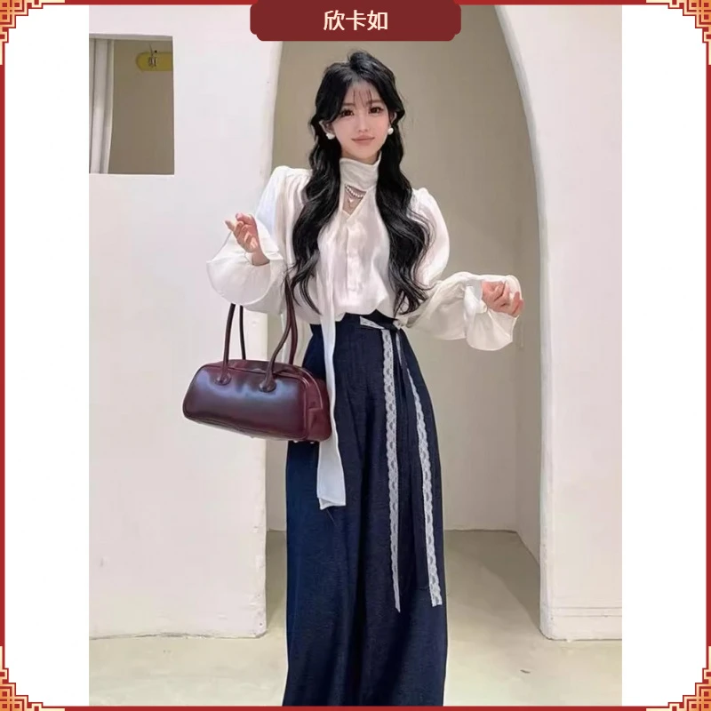 I春季韩系氛围感穿搭超好看独特漂亮小众白色上衣阔腿裤两件套装I