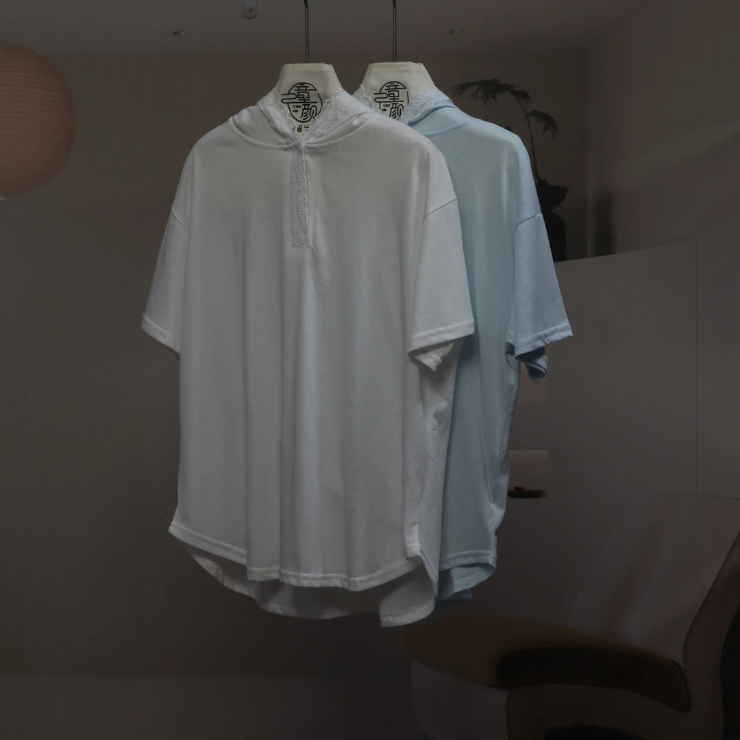 【9788】高品质原创设计两色蕾丝边连帽短袖T恤C