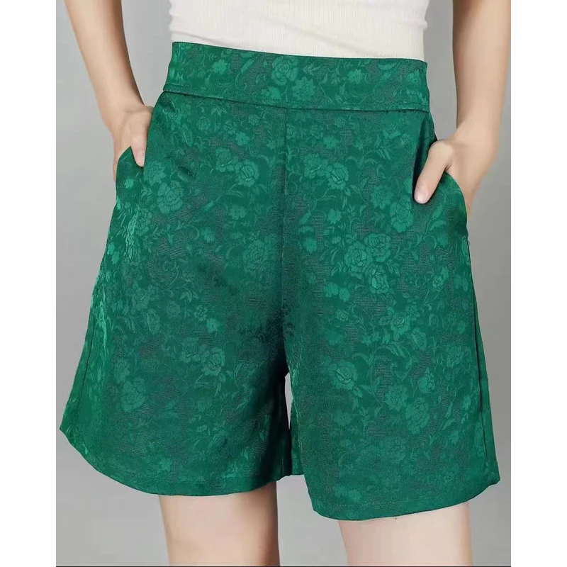 343女士花萝提花短裤宽松显瘦阔腿松紧腰薄款时尚五分裤外穿