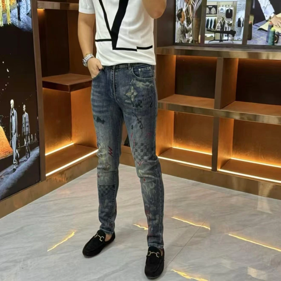 新款男牛仔秋季裤子手绘彩色时尚百搭男士休闲潮流小脚牛仔裤-899