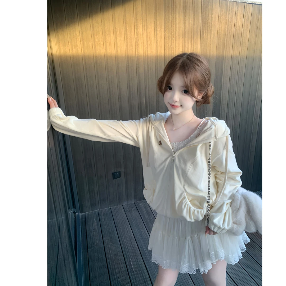 秋季新品乖乖小熊卫衣短绒外套+网纱蓬蓬裙套装