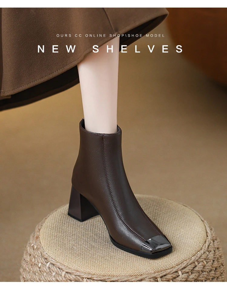 【专柜】爆款真皮方头粗跟7cm高跟金属包头侧拉链气质妈妈短靴女款