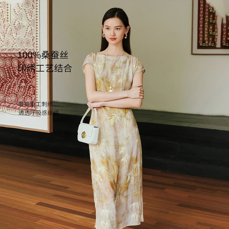 EP雅莹女装 国风印花真丝连衣裙收腰优雅裙子 夏季新款4603A
