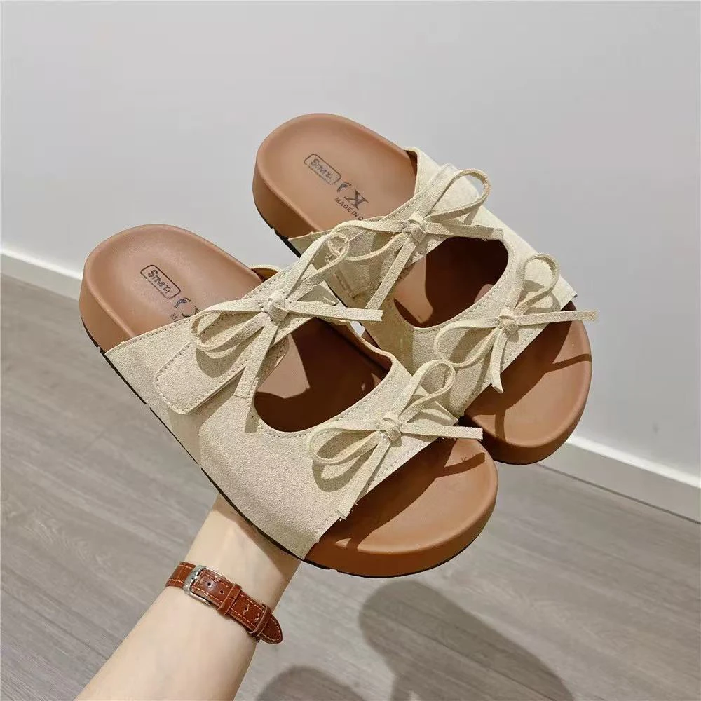 蝴蝶结薄雾少女风耐磨平跟增高时尚一字拖甜美风