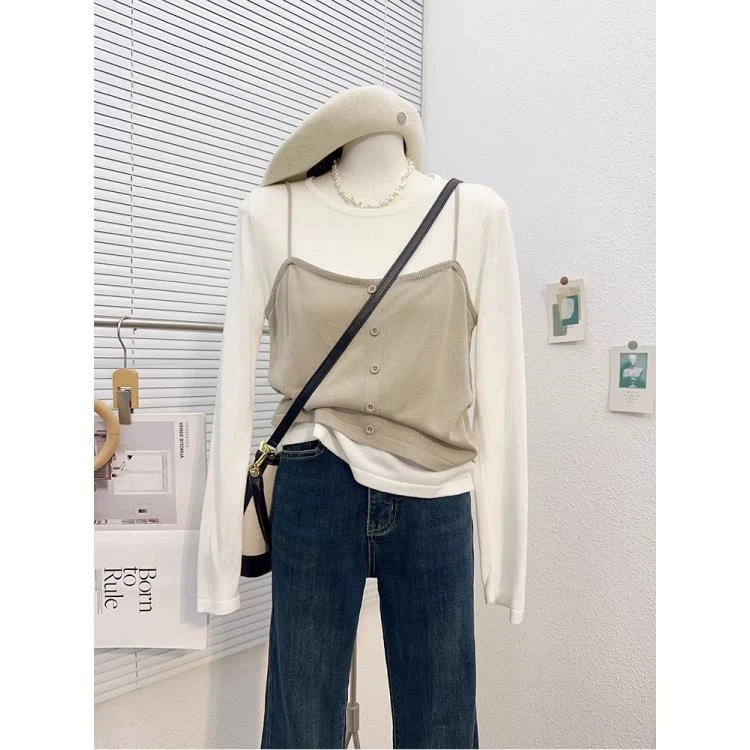 新新定制-短款甜美假两件春夏薄款微透设计感小众长袖上衣10525