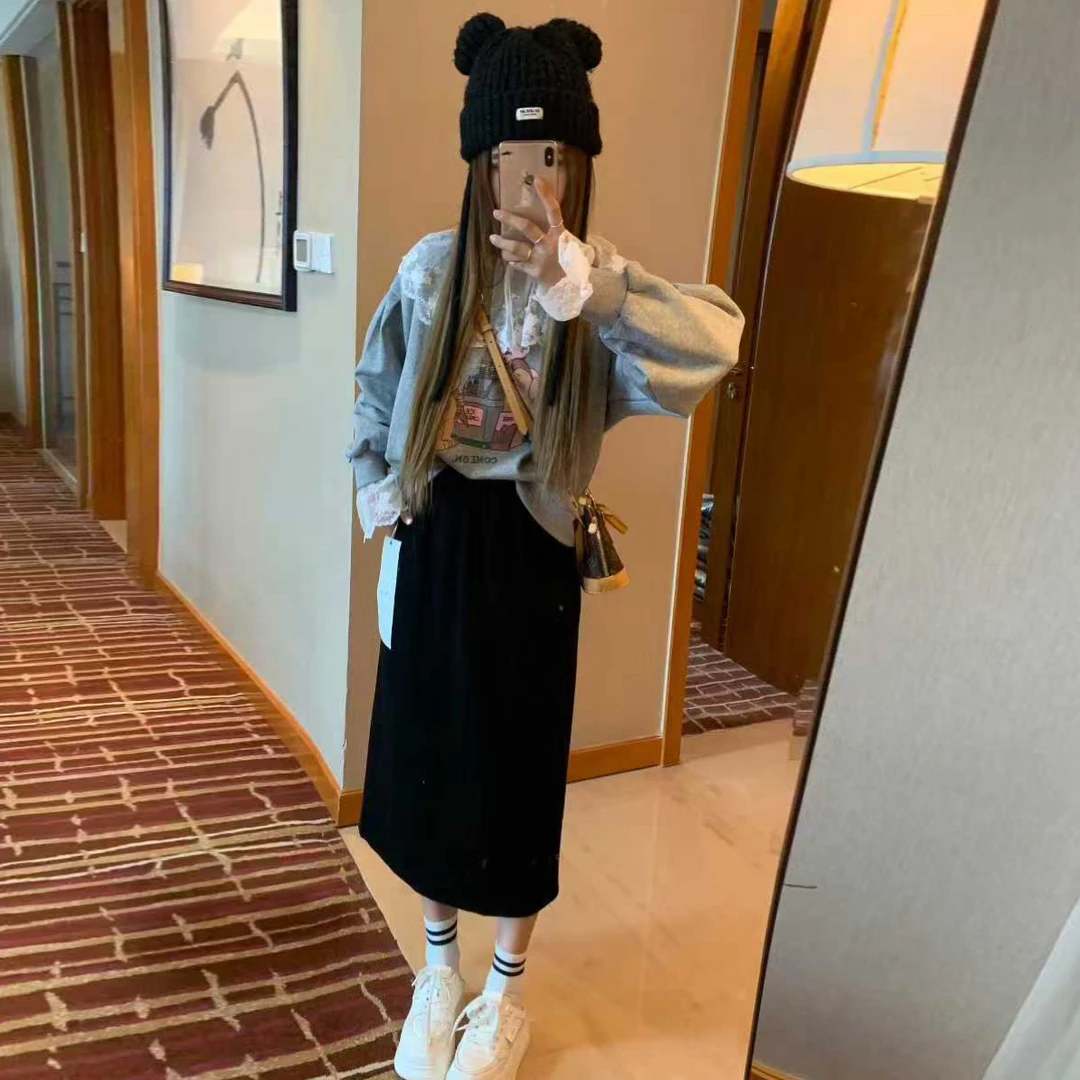 2025秋装新款小个子潮流蕾丝花边长袖宽松卫衣+半身裙两件套套装