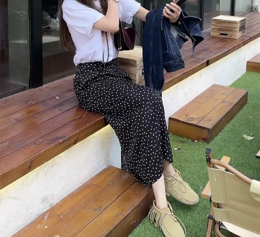 243309 新款高腰显瘦中长款松紧腰复古雪纺碎花裙直筒裙