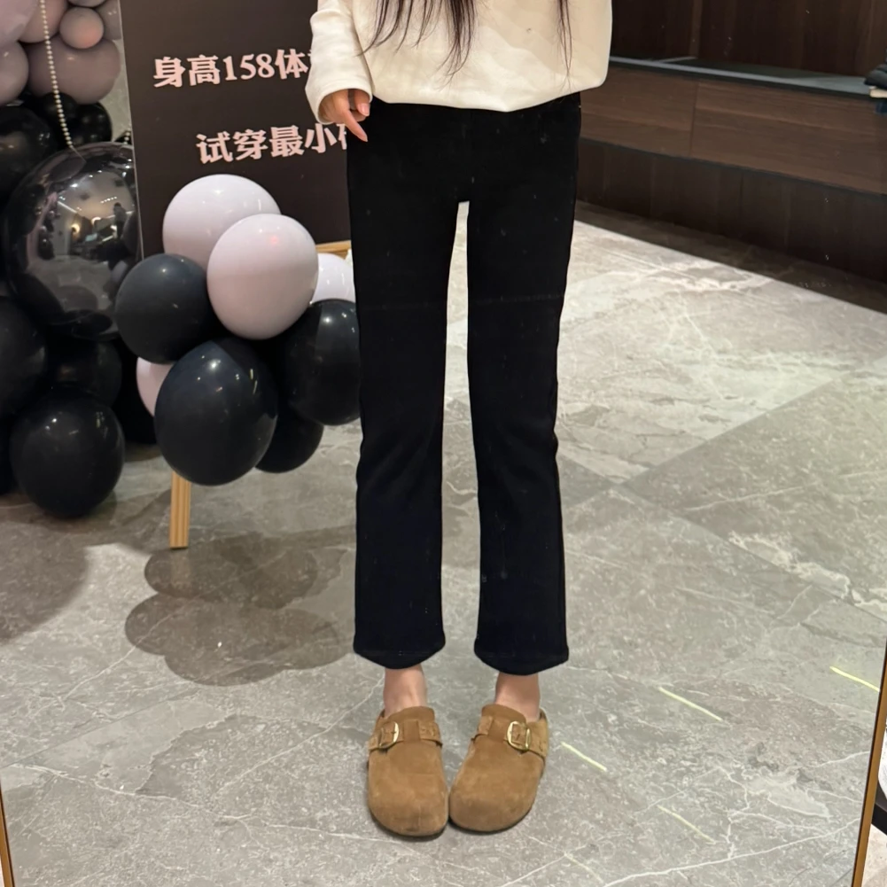 宿慕SUMU秋冬新款黑色纽扣装饰加绒加厚烟管显瘦九分牛仔裤33029