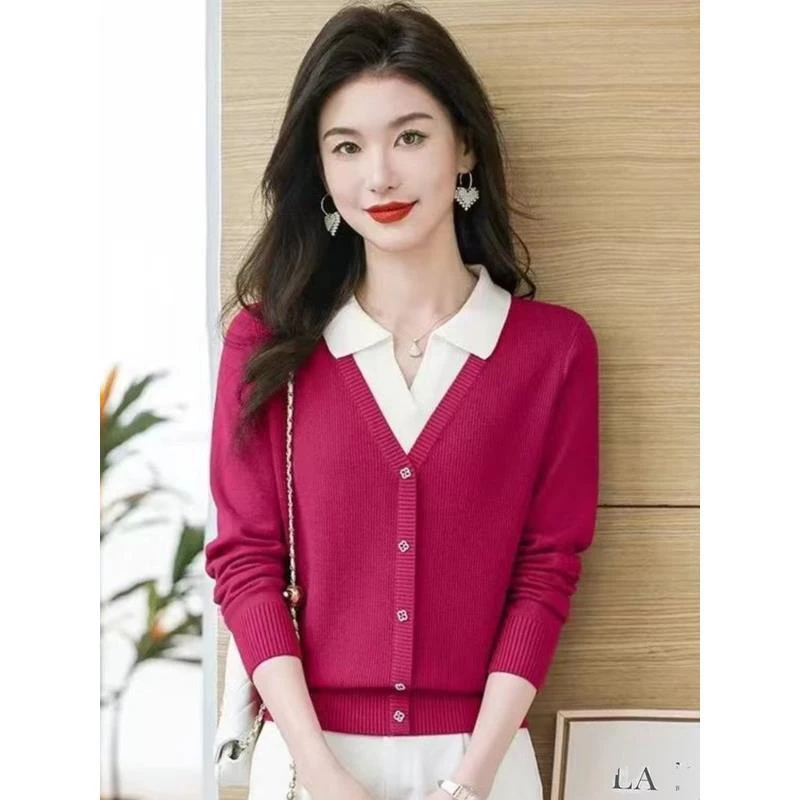 假两件POLO领针织衫毛衣女秋冬新款拼色高档保暖韩版短款打底上衣