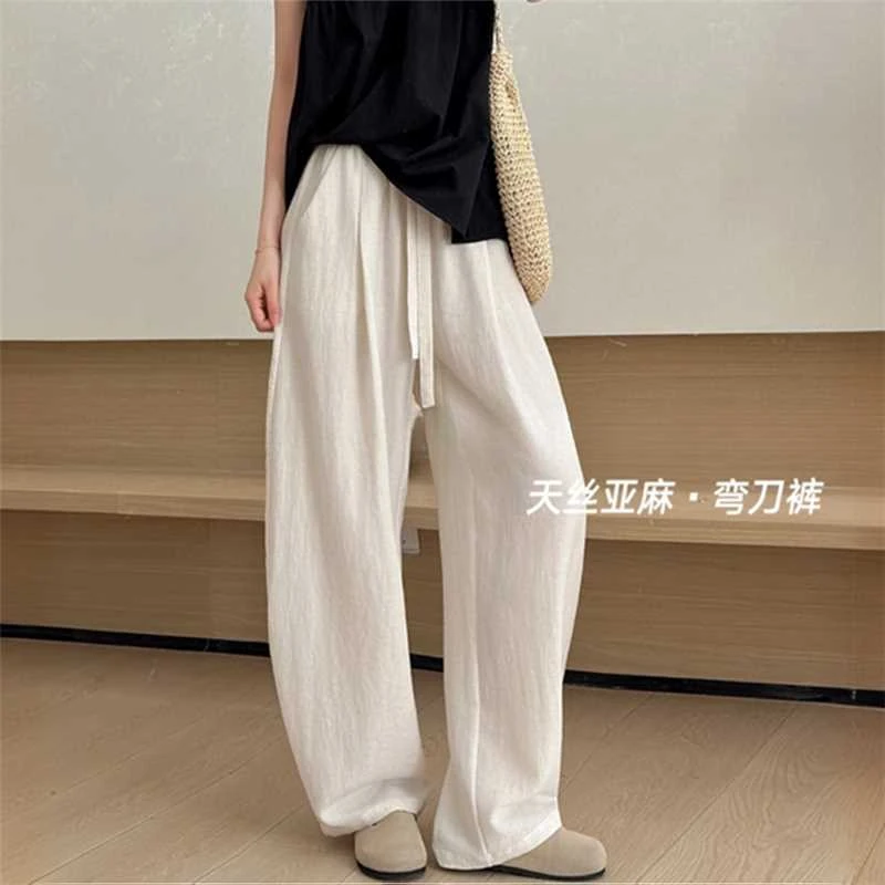 天丝亚麻弯刀裤春秋季抽绳松紧遮胯显瘦垂感时髦百搭休闲弯刀裤子