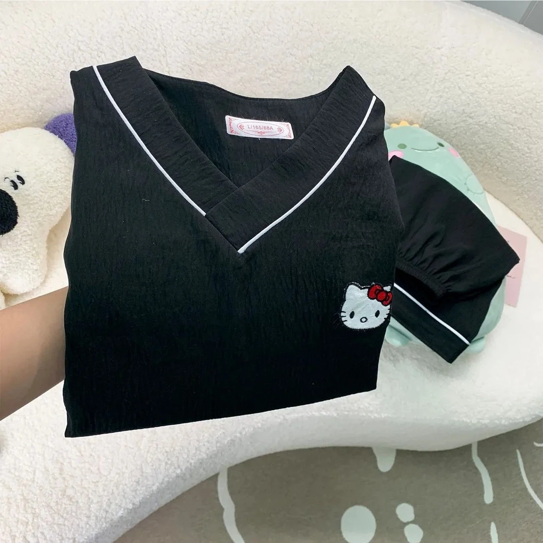 云朵棉卡通KT猫睡衣女士V领夏季云朵棉短袖短裤夏套头家居服套装