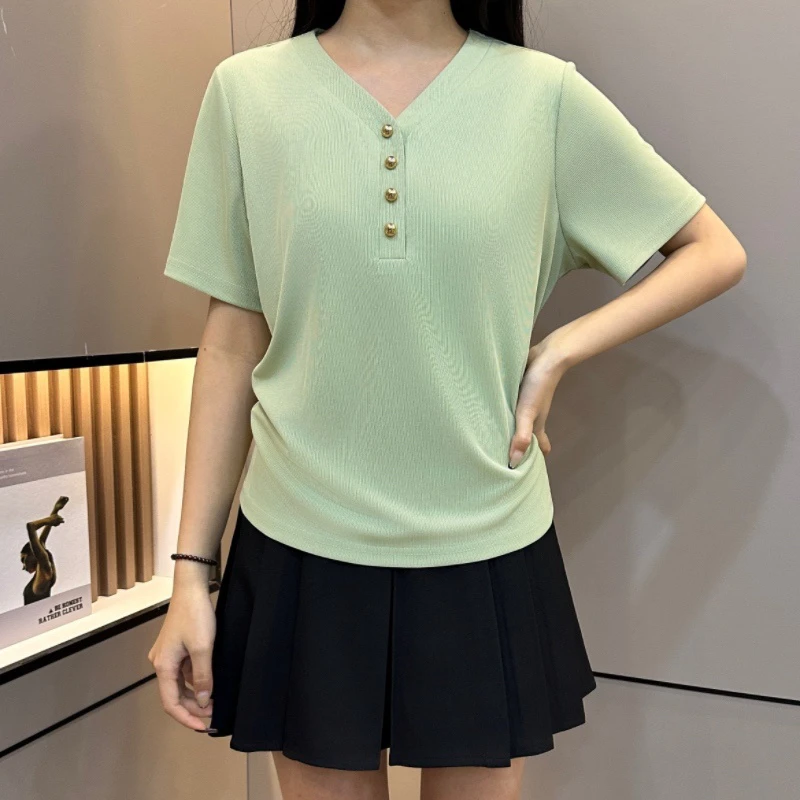 胖MM早 D25021时尚V领纽扣夏季新款气质洋气小衫百搭修身显短袖