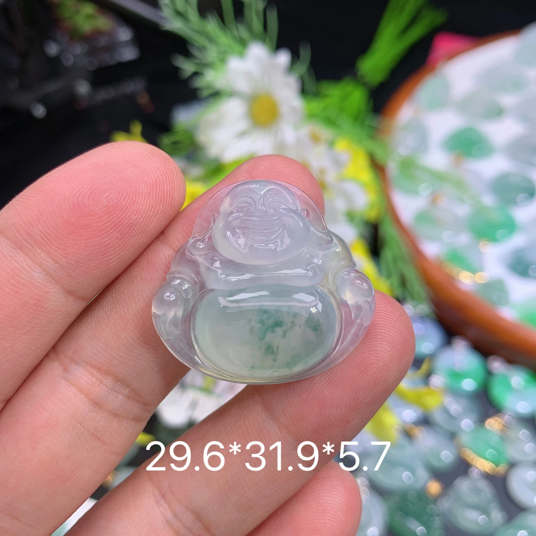 缅甸翡翠A货冰种飘花佛公品吊坠种老水足气质百搭精雕精美