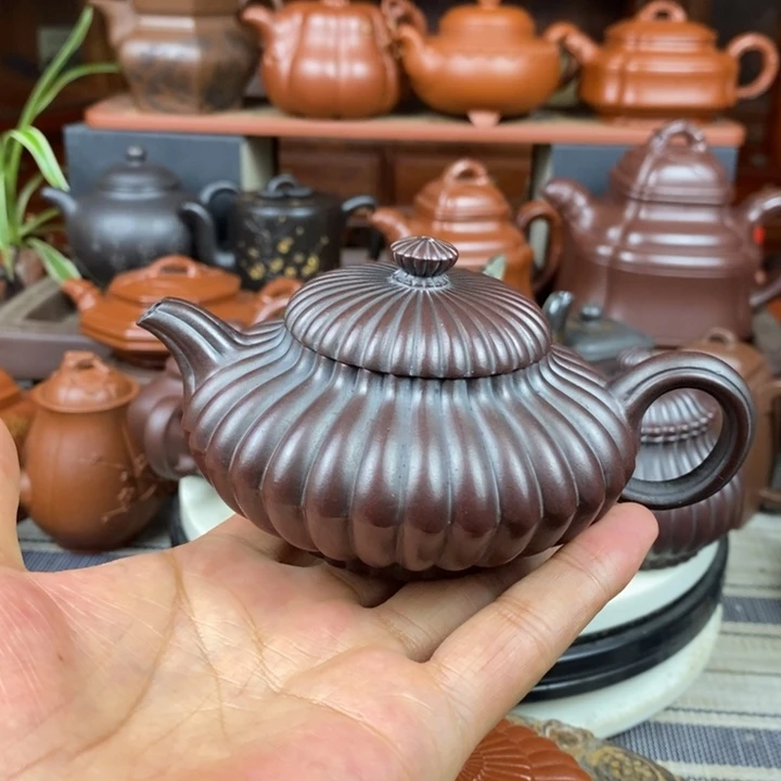 茶壶紫砂筋纹合欢200cc原矿老紫泥还原烧