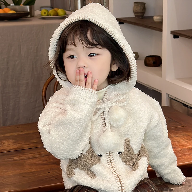 2025秋季女童卡通韩版毛线针织帽衫休闲外套儿童连帽开衫毛衣