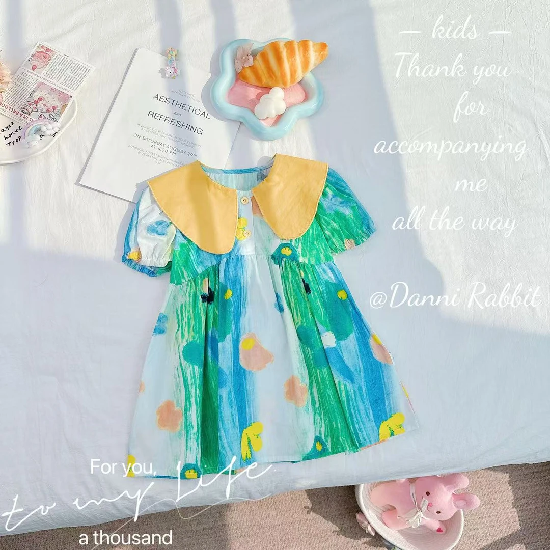 夏款新款女童油画风大翻领泡泡袖连衣裙.D-L613