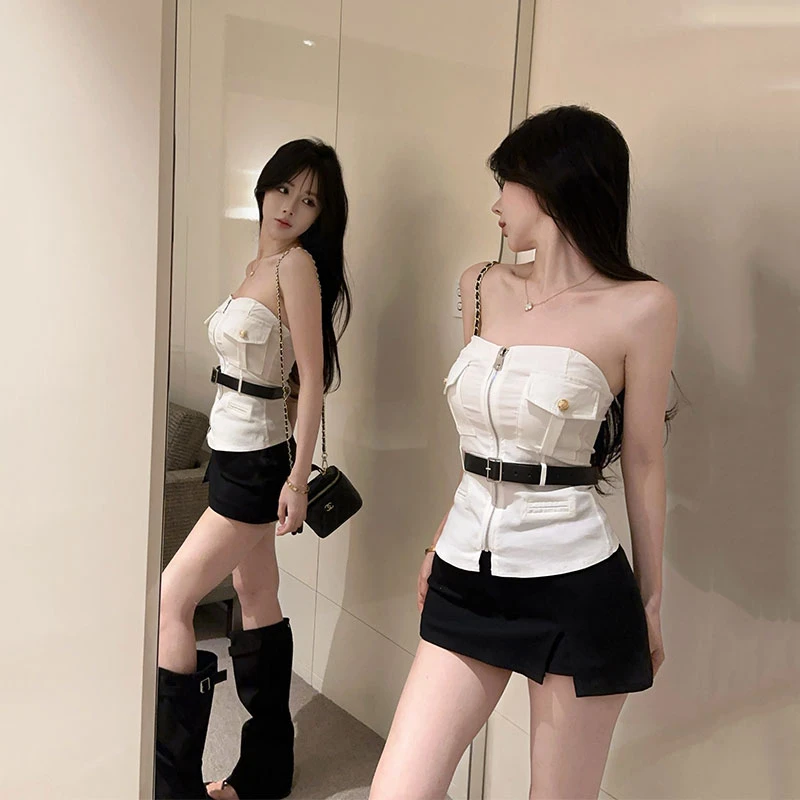 夏季新款甜酷拉链抹胸背心修身气质辣妹短款无袖上衣百搭裙裤套装