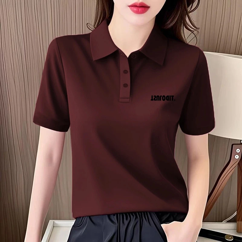 新款大码翻领棉打底衫女简约文艺印花显瘦POLO领内搭短袖t恤洋气