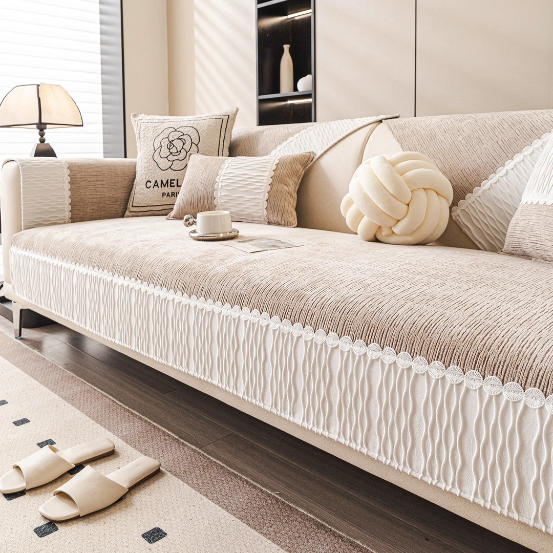 沙发垫四季通用防滑2025新款雪尼尔拼接沙发坐垫盖布奶油风黑白灰