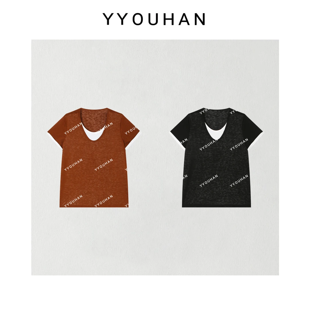 YYOUHAN 2025夏款小众设计极简风轻薄款假两件百搭T恤 2505C2401