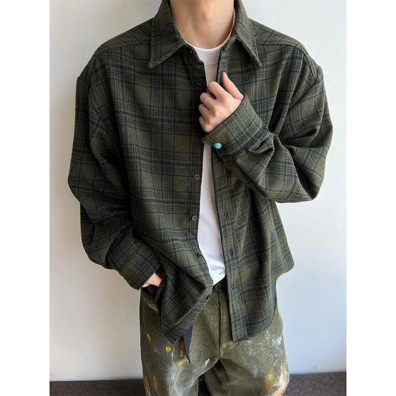 美式复古格子衬衫男春秋季绿松石扣格纹长袖衬衣cleanfit呢料外套