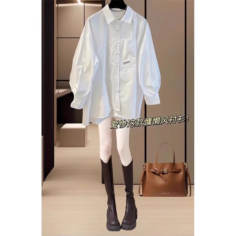 欧货设计感小众慵懒风白色衬衫女春季时尚洋气中长宽松遮肚子衬衣