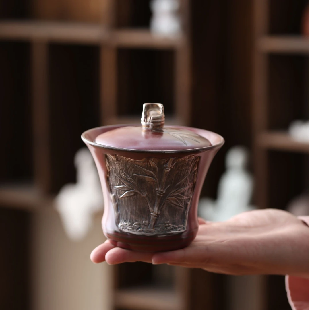 原矿老岩泥陶瓷鎏银竹报平安两才盖碗泡茶碗功夫茶具盖碗71